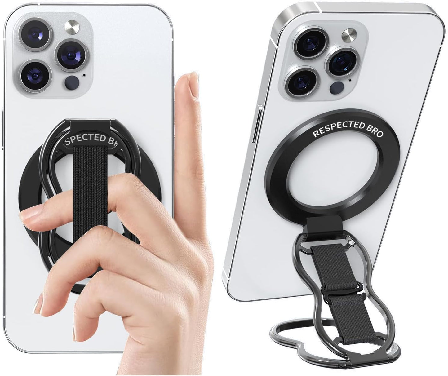 RESPECTED-BRO-Magnetic-Phone-Grip-Stand-with-Finger-Strap, 4-in-1 Magnetic Ring Holder, Kickstand and Elastic Strap for Smartphones, Universal Fit for iPhone, Android, and Cases (Black)