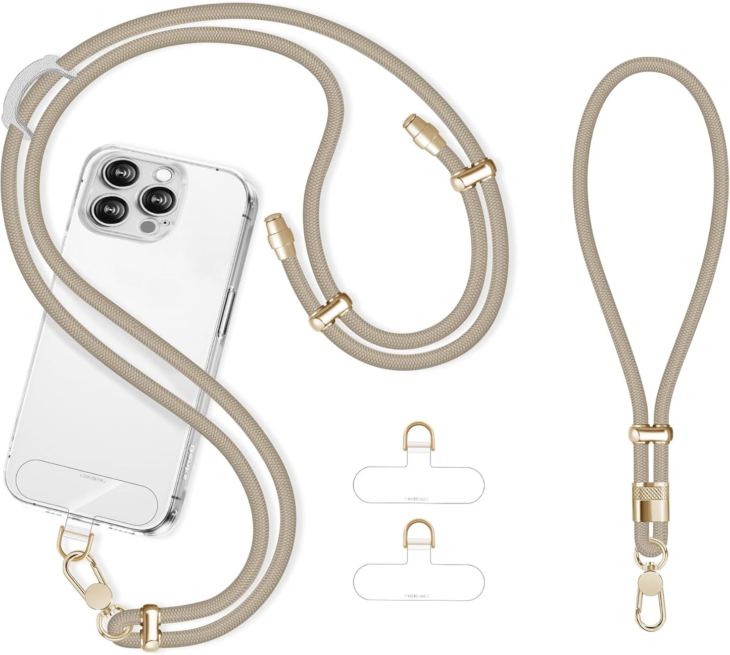 Cell Phone Lanyard Adjustable Crossbody Phone Lanyard *1 Phone Wrist Strap *1 with Deluxe Gold Matal Buckle + Clear Tether Tabs *2 for Shopping Travelling Hiking(KHAKI)