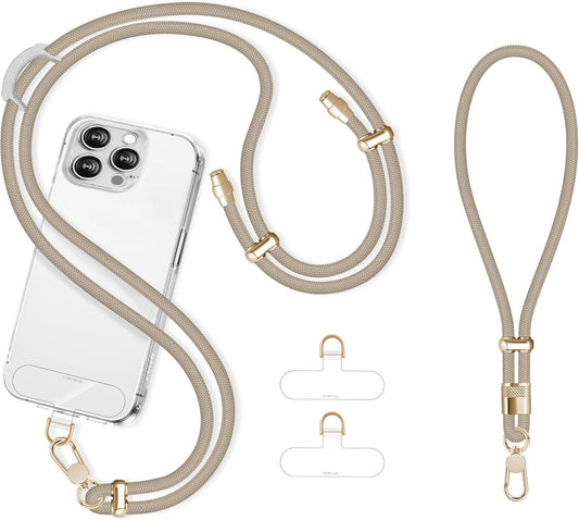 Cell Phone Lanyard Adjustable Crossbody Phone Lanyard *1 Phone Wrist Strap *1 with Deluxe Gold Matal Buckle + Clear Tether Tabs *2 for Shopping Travelling Hiking(KHAKI)