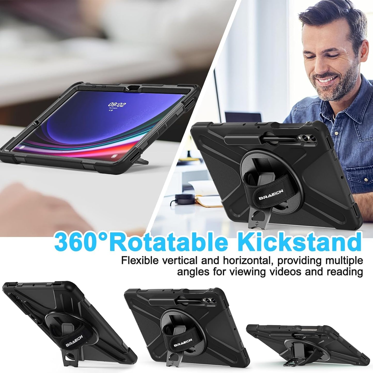 BRAECN for Samsung Galaxy Tab S10 Plus Case 2024/S9 Plus/S9 FE+/S8 Plus/S7 Plus /S7 FE 12.4 Inch,Heavy Duty Shockproof Case with S Pen Holder&360 Rotating Hand Strap/Kickstand Shoulder Strap,Black