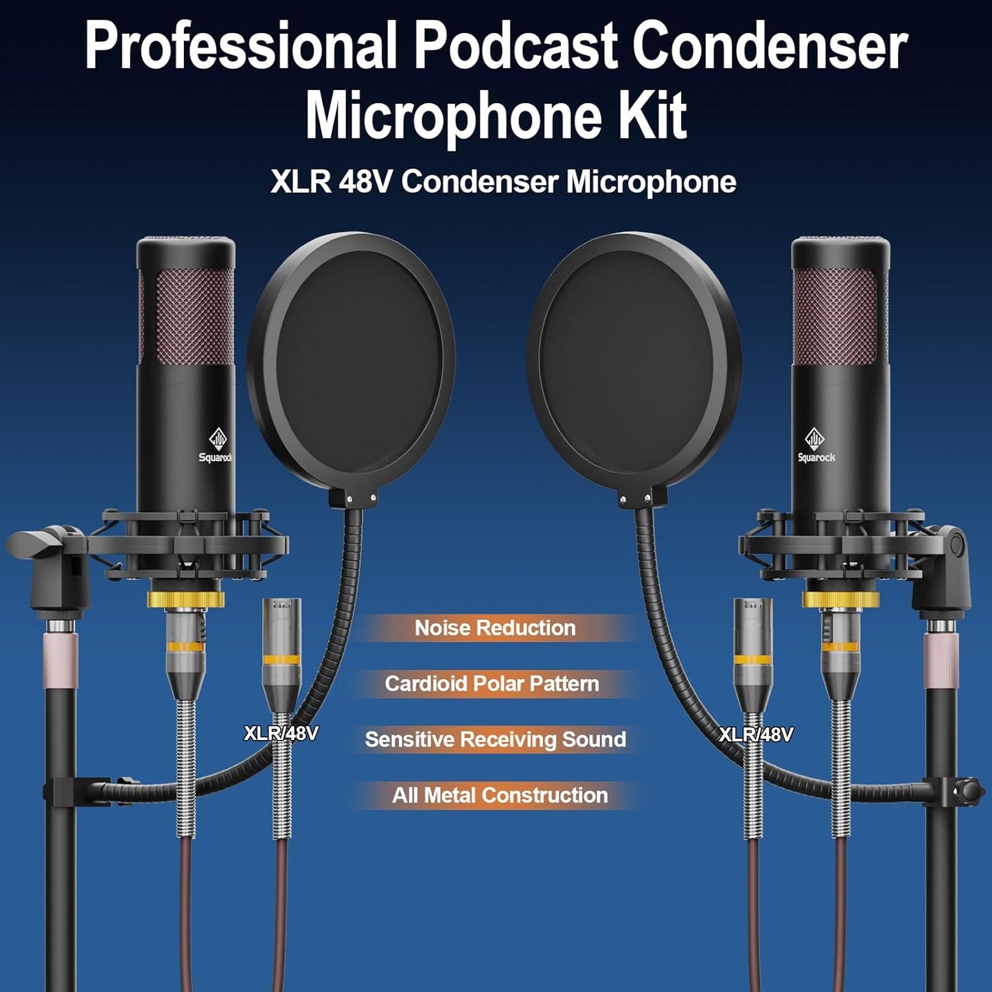 Podcast Equipment Bundle for 2 with Dual 48V XLR Condenser Micophones with Mic Pop Filters Audio Equipment for Live Streaming/ Recording, Online Gaming for Phone/ Laptop/ PC Audio Interface M100