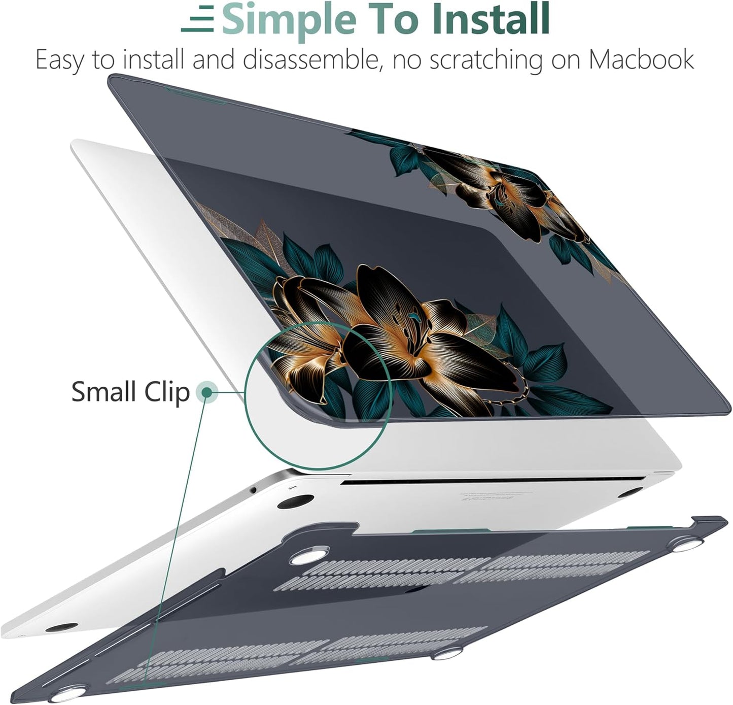 MEEgoodo Case for MacBook Pro 13 inch, Laptop Hard Shell with Keyboard & Camera Cover, Golden Lilies