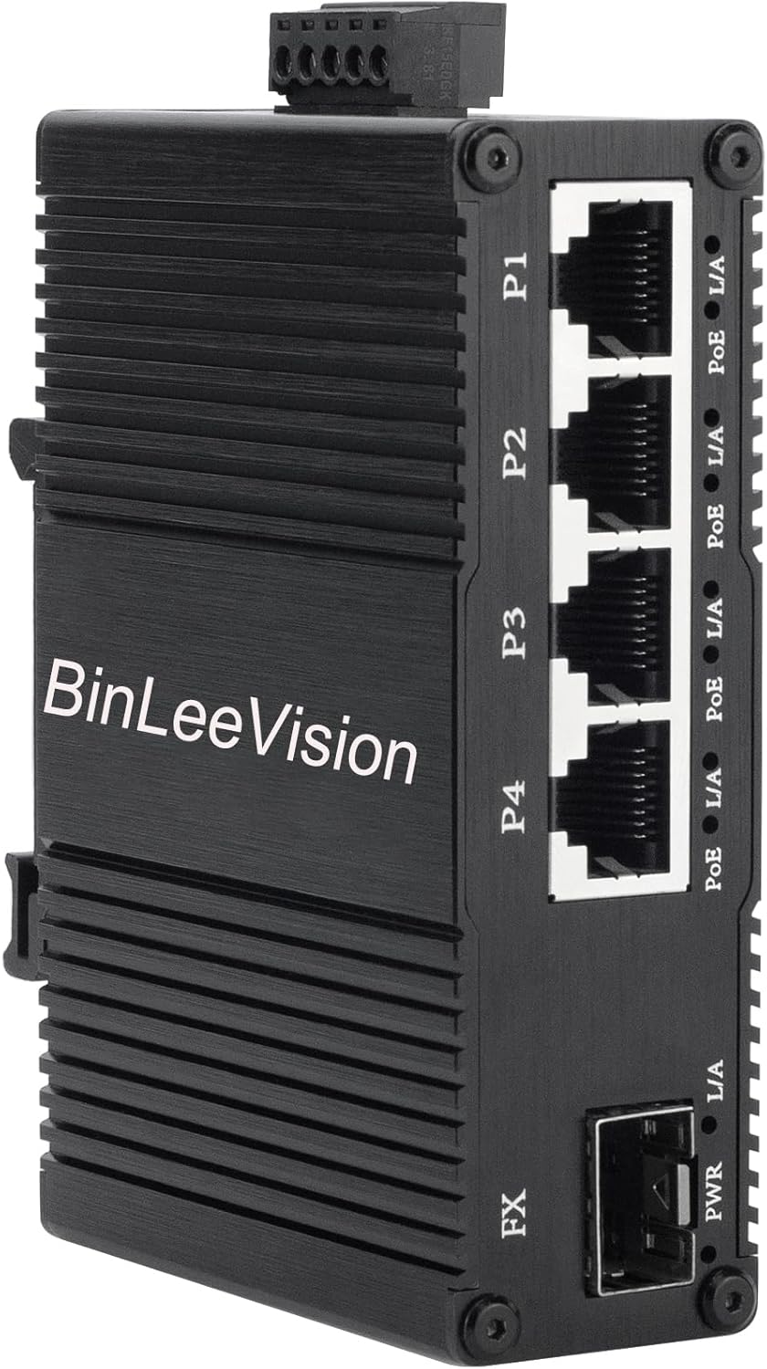 Industrial Mini Gigabit Ethernet Switch 4-Port RJ45 10/100/1000BASE-T+1-Port SFP Slot,Unmanaged Network Switch,Network Hub,Dinrail Mount or Wall-Mount,Plug & Play,Fanless (4 RJ45+1 SFP with PoE)