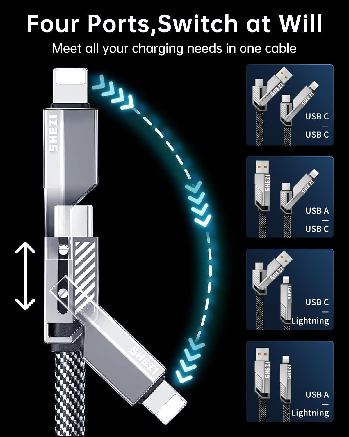 SHEZI [Upgraded 2.0] 4-in-1 USB C Cable 240W 5FT [Fast Charging & Data Sync] Flat Nylon Braided Multi Charger Cord Wire Combo with L/USB C/A Port for iPhone/iPad & All Devices