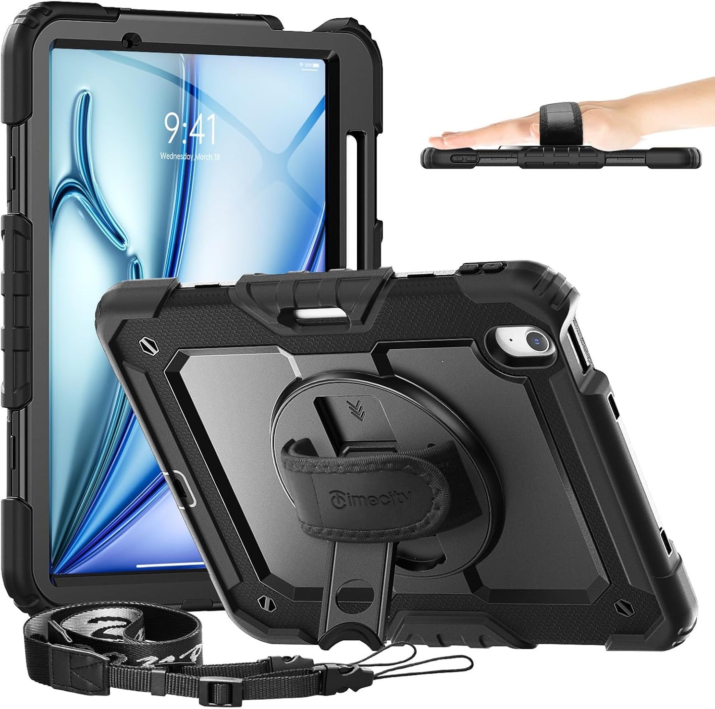 timecity Case for iPad Air 11 Inch M3/ M2 (2025/2024), 360° Rotating Stand, Pencil Holder & Wireless Charging, Shockproof with Screen Protector & Shoulder Strap - for Designers, Black