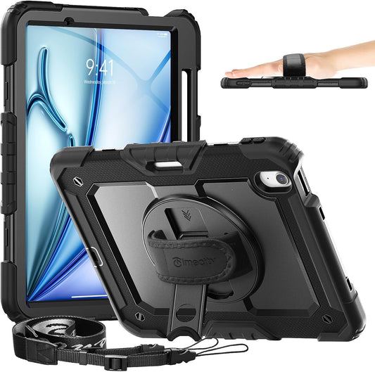 timecity Case for iPad Air 11 Inch M3/ M2 (2025/2024), 360° Rotating Stand, Pencil Holder & Wireless Charging, Shockproof with Screen Protector & Shoulder Strap - for Designers, Black