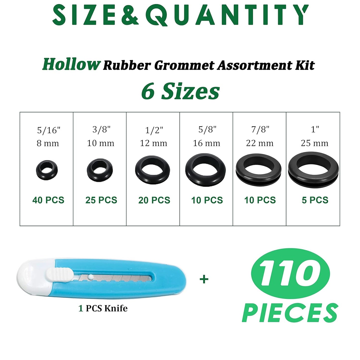 110 Pcs Rubber Grommets for Wiring - Rubber Grommet Assortment Kit 6 Sizes 5/16 3/8 1/2 5/8 7/8 1 Inch, Cable Hole Plug Firewall Automotive Wire Grommets Set for Sheet Metal, Hardware Repair