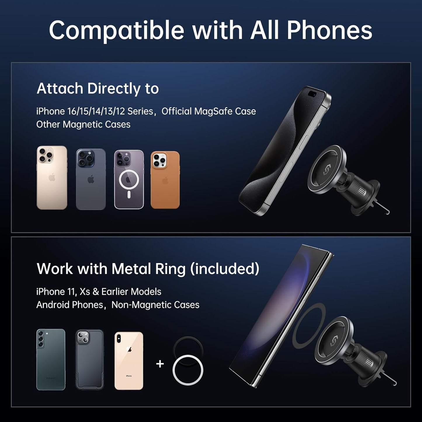 SYNCWIRE for MagSafe Car Mount, Flexible Rotation Magnetic Phone Holder for Car Vent, Hands Free Car Air Vent Phone Holder Clip Universal Compatible with iPhone 16 Pro Max 15 14 13 12 MagSafe Case