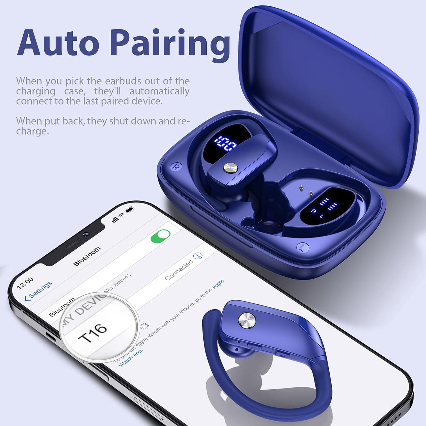 bmanl Wireless Earbuds Bluetooth Headphones 48hrs Play Back Sport Earphones with LED Display Over-Ear Buds with Earhooks Built-in Mic Headset for Workout Blue