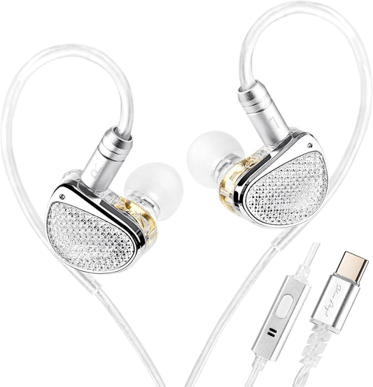 STA-K In Ear Monitor, EarAcoustic Audio HiFi Stereo Wired Earbuds, Hybrid Dual Drivers IEM Headphones, Crystal Clear Sound IEM Earphones with 2 Pin Cable for Musicians (With Microphone Usb, Silver)