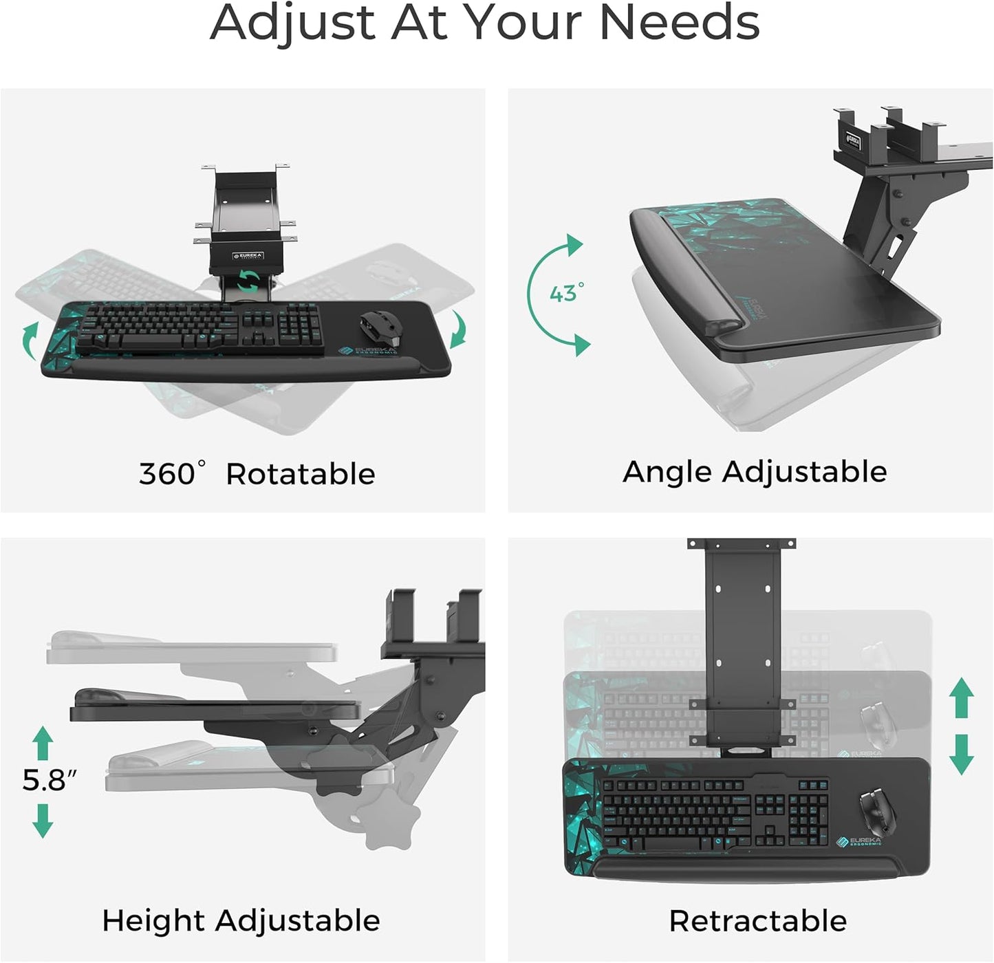EUREKA ERGONOMIC Height Adjustable Mouse & Keyboard Tray Under Desk, 28x10'' Large Slide Out Swivel Tilt Computer Keyboard Drawer with Mouse Pad for Gaming Home Office Desk, Dual Mount