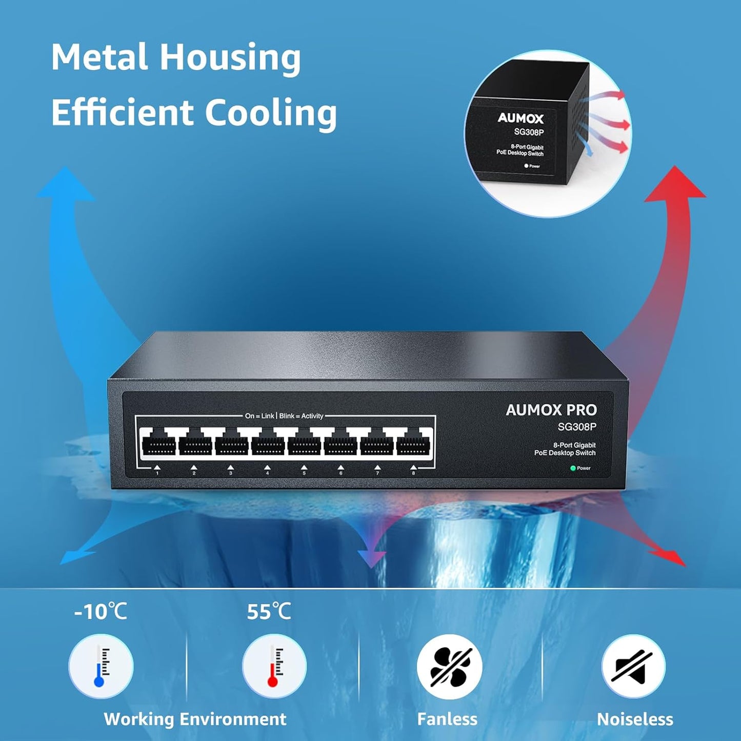 8 Port PoE Switch Gigabit 120W, Gigabit Unmanaged Ethernet Switch, Plug & Play, 802.3af/at Compliant, Metal Housing, 8-Port Network Switch for Home/Office Energy Efficient Silent Operation