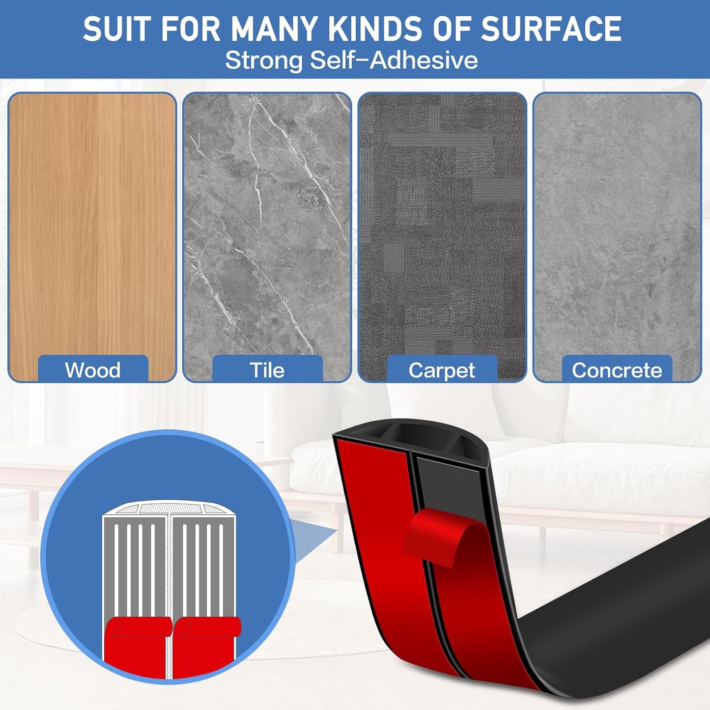 Floor Cord Cover Self Adhesive Cord Hider Floor Extension Cord Covers for Floor Power Cord Protector Cable Management Prevent Cable Trips Cable Cavity 0.47" W x 0.27" H (Black, 20Ft)