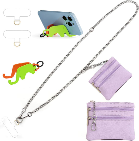 Clip and Go Strap for Phone Silver Metal Chain with Purple Pouch Wallet Crossbody Phone Lanyard for Women with Cell Phone Stand Holder 2 Patches Tether Adjustable Anti Theft for iPhone 16 Pro 15 All