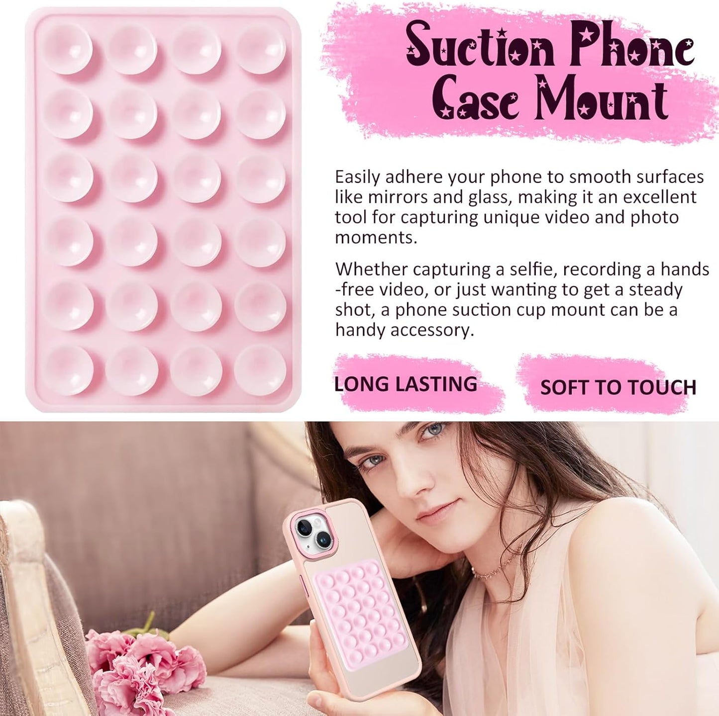 AZXYI Silicone Suction Phone Case Mount, Silicon Adhesive Suction Cup Phone Mount, Non Slip Sticky Phone Grip for Cellphone, Strong Grip Holder for Selfies and Videos (Light Pink)