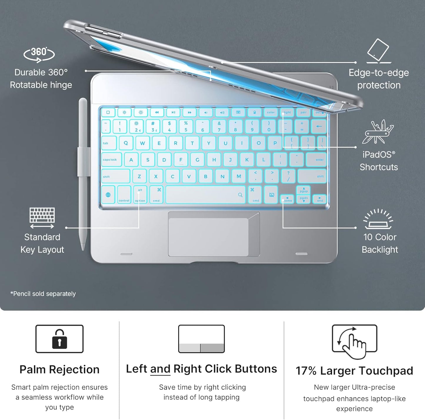 typecase Touch Case with Keyboard for iPad 9th Generation (10.2", 2021), Multi-Touch Trackpad, 10 Color Backlight, 360, Thin & Light - iPad 8th Gen (2020), 7th Gen (2019), Air 3, Pro 10.5 (Silver)