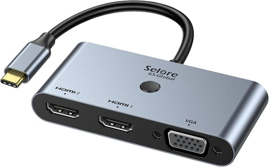 Selore USB C Docking Station 3 Monitors, USB C to Dual HDMI VGA Adapter with One-Touch Multi-Screen Switch and Screen On/Off Button, HDMI Splitter Converter for Dell, HP, Lenovo,MacBook Pro/Air, etc