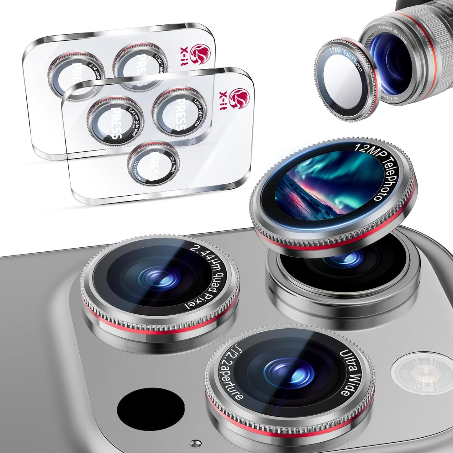 X-it 2 Pack Camera Lens Protector, Shatterproof Anti-Scratch Ultra HD Camera Protector, Anti-Glare Tempered Glass Lens Protector for iPhone 15 Pro Max/15 Pro/14 Pro Max/14 Pro, Case Friendly,SilverRed