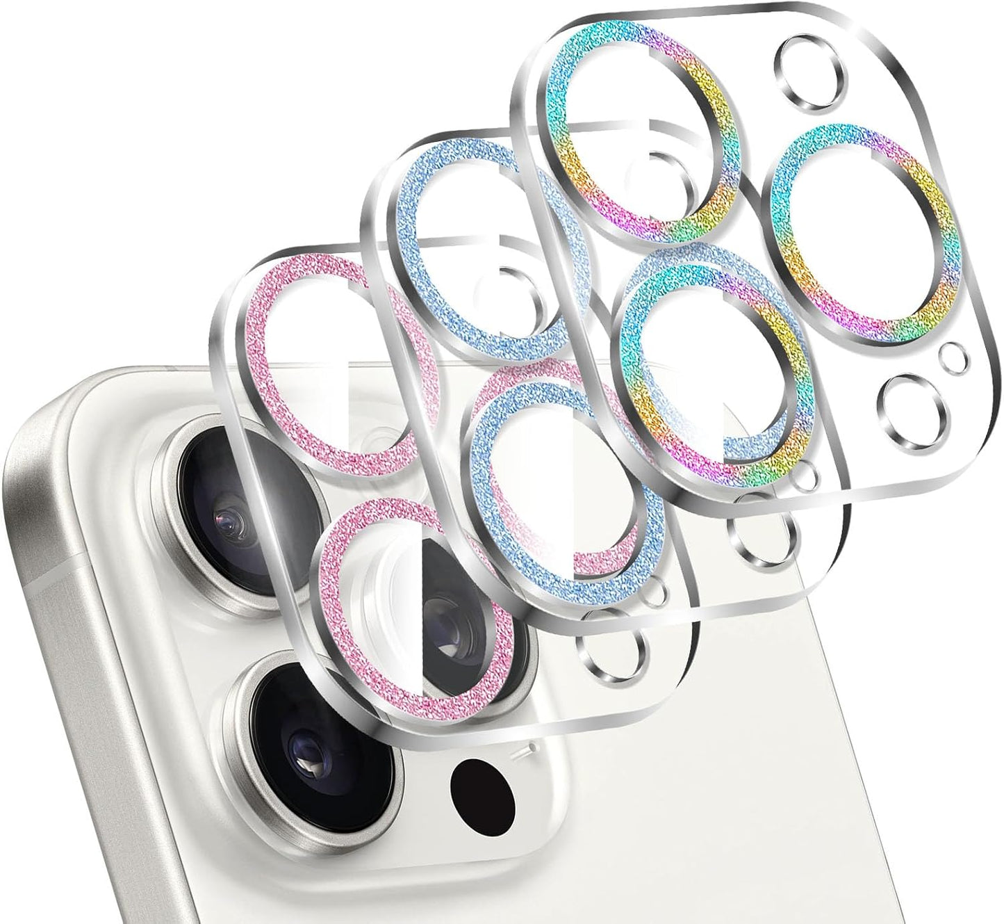 LucBuy 3PCS Sparkling Camera Lens Protector for iPhone 13 Pro/iPhone 13 Pro Max, Full Clear Acrylic Cover with Shiny Colorful Glitter Designed Decoration Back Camera Protector