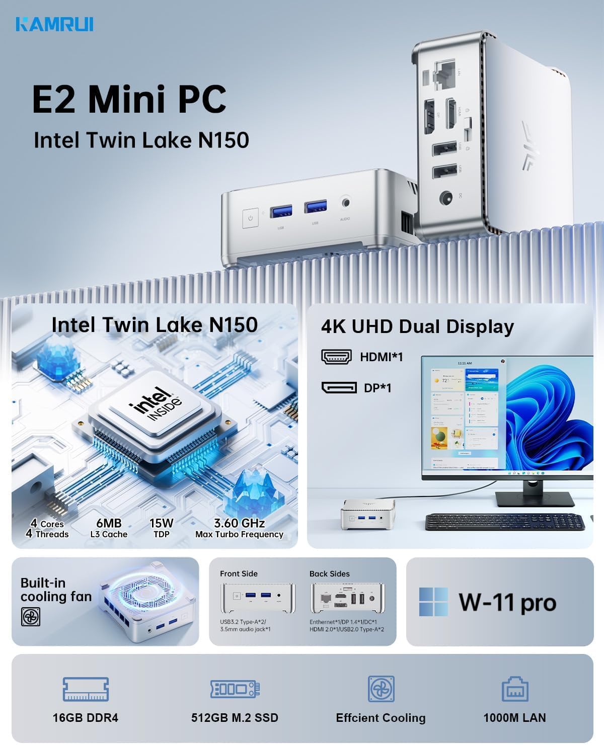 KAMRUI Essenx E2 Mini PC 11 Pro Twin Lake N150 Mini Computer, 16GB RAM 512GB M.2 SSD, Micro PC Support 4K Display/USB3.2/WiFi/BT/Gigabit Ethernet Mini PC Home/Office