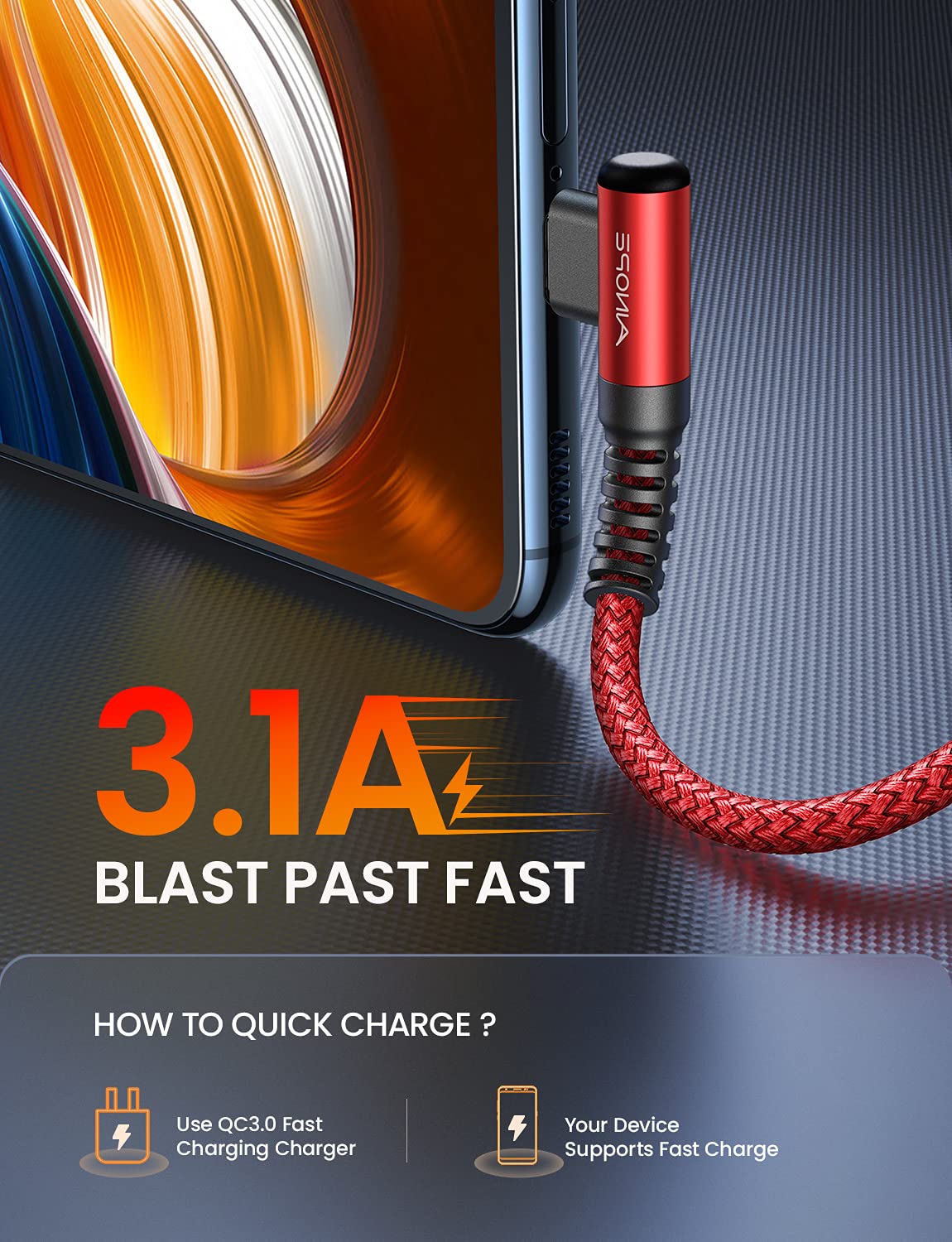 AINOPE USB C Fast Charging Cable 3.1A Right Angle 10ft/3m USB to USB C Cable, Durable Nylon Braided Type C Cord Compatible with Galaxy S10 S9 S8 Plus, A51 A11 A10 A20, V50 V40 G8 G7