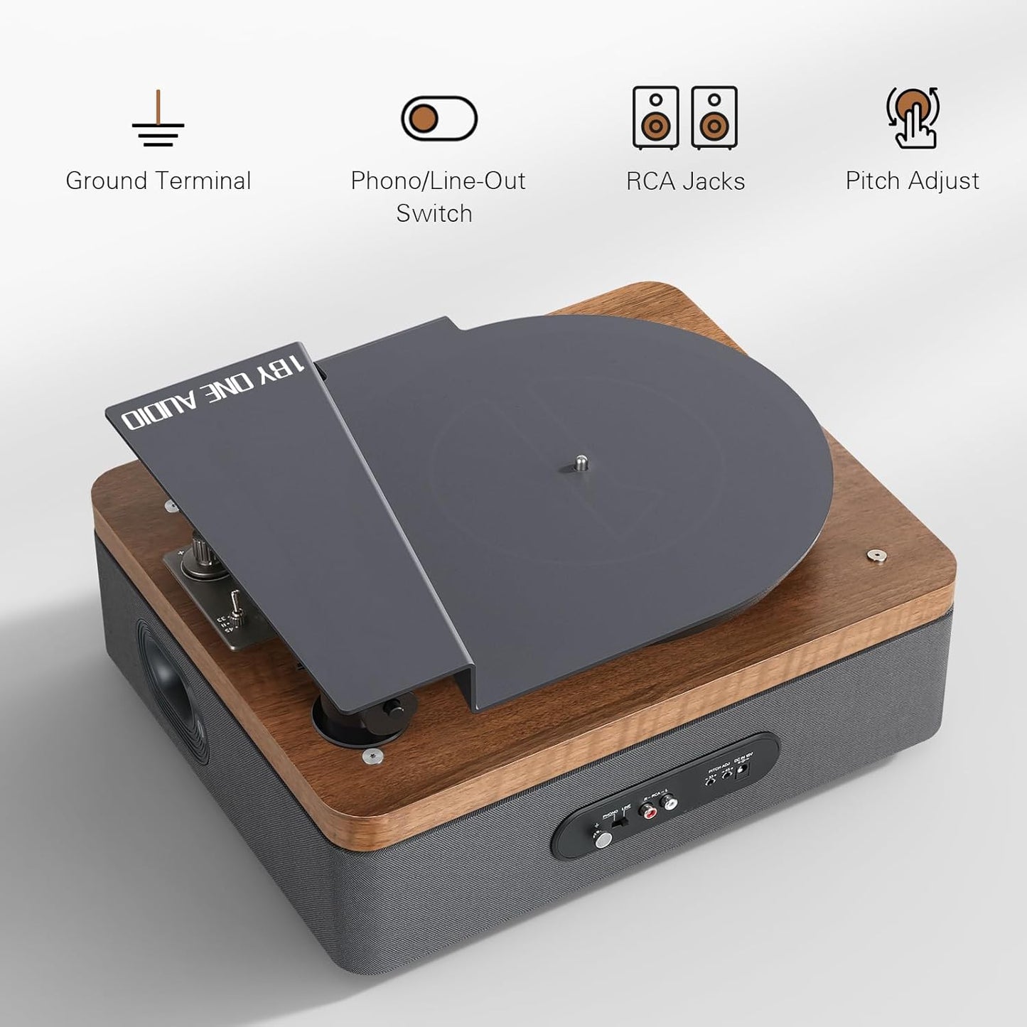 1 by ONE All-in-One Vinyl Record Player, HiFi Turntable Built-in Speakers, Phono Preamp, Magnetic Cartridge AT-3600L, Belt Drive 2 Speeds, Vintage Wood Design