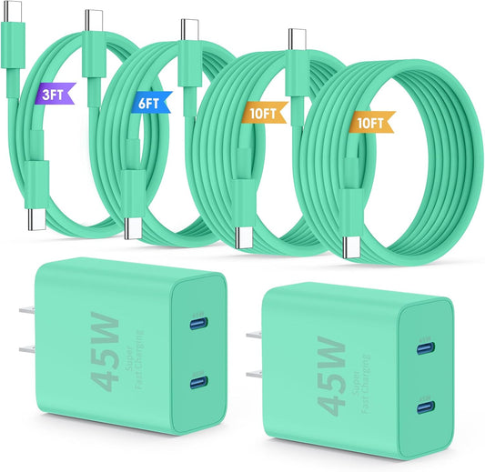 iPhone 16 15 Pro Max Charger Fast Charging,45W Dual Port USB C Fast Charger Block [2-Pack] & Extra Long 60W 3/6/10/10FT USB C Cable - PD Quick Adapter 3.0 for iPhone 16 15/16 15Pro/16 15 Plus.