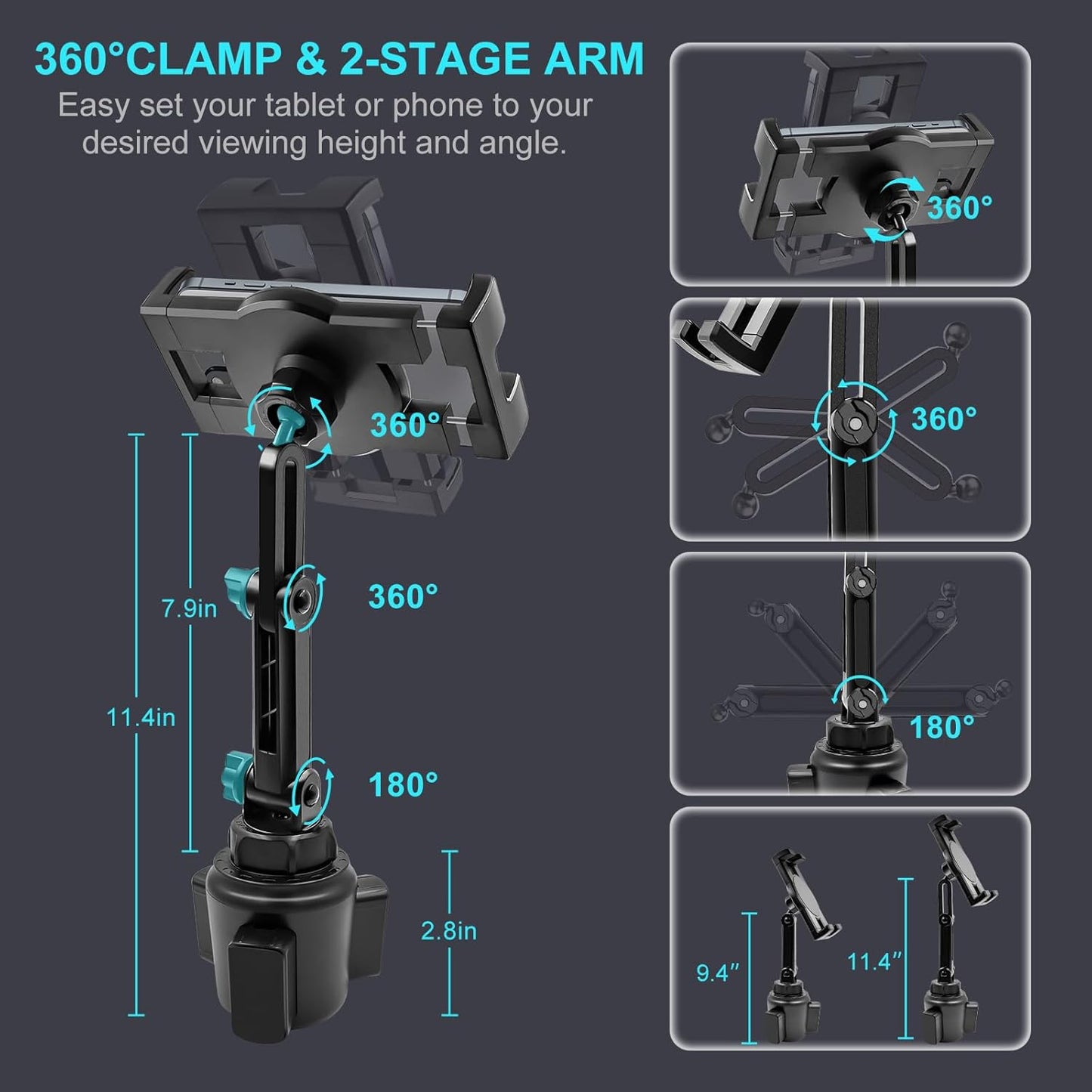Cup Holder Car Tablet Mount, 360° Adjustable 2-Arm Stand Holder for iPad Pro 12.9/11/10.5/9.7/Air/Mini 6/5/4, Samsung Galaxy Tab/Z Fold 6/5, Amazon Fire HD, iPhone 16/15/14/Pro, 4.7-12.9" Tab & Phone