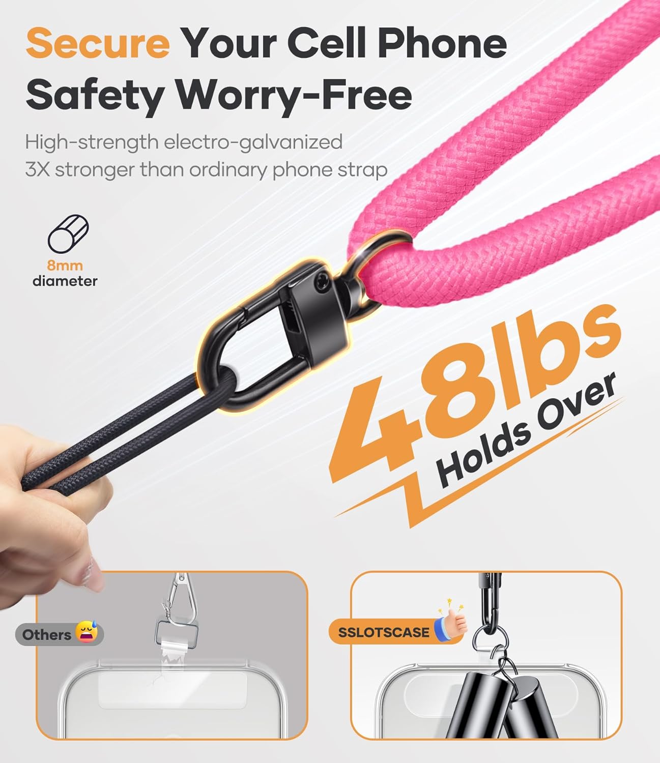 for Phone Lanyard Crossbody with 2X Phone Tabs, Sturdiness Comfortable Retractable Cellphone Lanyard, Secure Carabiner, Universal Neck Wrist Strap for Daily & Outdoor Activities, Pink