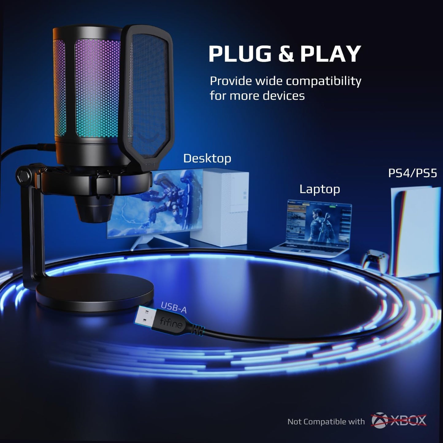 Fifine USB Microphone for PC Gaming, Computer Desktop Streaming Microphone with Mute Button, Gain Knob for Video Podcast, RGB Mic for PS4/PS5, Laptop A6NEO