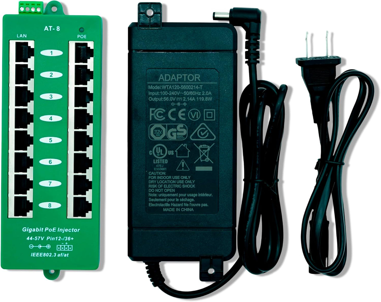 PoE Texas 8 Port PoE/PoE+ Active Mode A Injector with 56V 120W Power Supply - Add PoE+ to Any Switch or Router - 802.3at/af Compliant PoE Midspan for WiFi Access Points, IP Cameras, VoIP Phones