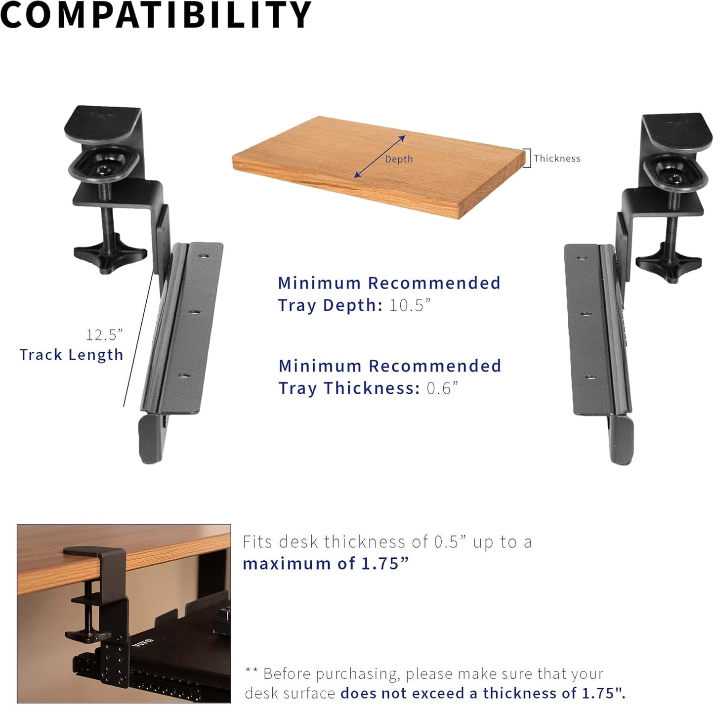 VIVO Height Adjustable Clamp and 12 inch Rail Set for DIY Custom Wooden Keyboard Trays (Tray Not Included), Under Desk Pull Out Slider Track with C-clamp Mount System, Black, MOUNT-RAIL02H