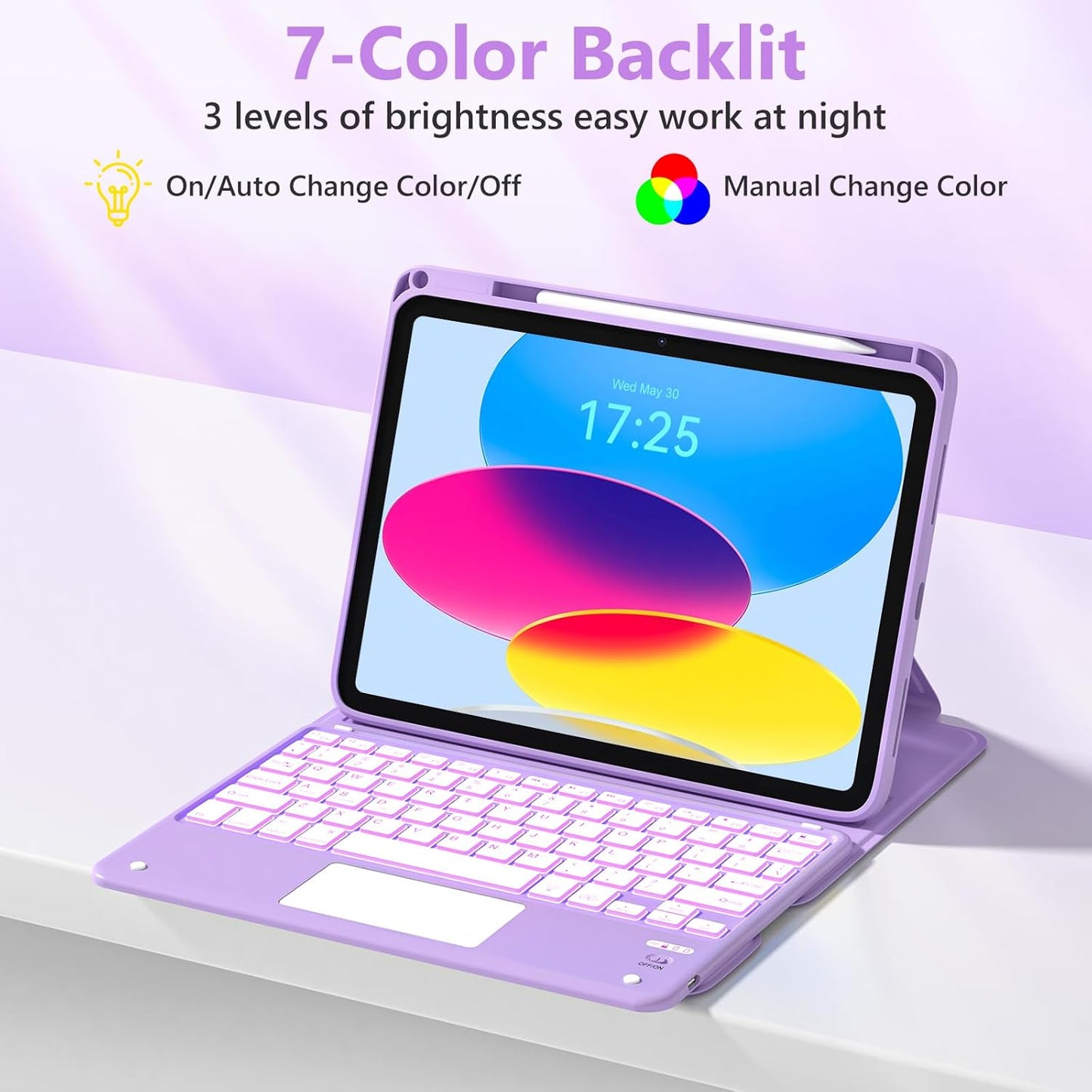 TaIYanG Touchpad for iPad A16 11th/10th Generation Case with Keyboard, 7 Color Backlit 360 Rotation Cover with Pencil Holder,Detachable Keyboard for iPad 11 inch 2025/10th Gen 10.9'' 2022 (Purple)