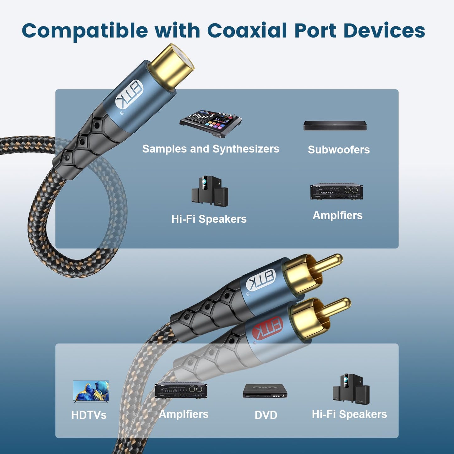 EMK RCA Splitter 2 Male to Female Extension Cable Dual Shielding Gold Plated Nylon Braided RCA Splitter 1 Female to 2 Male Cord Adapter 1ft/30CM