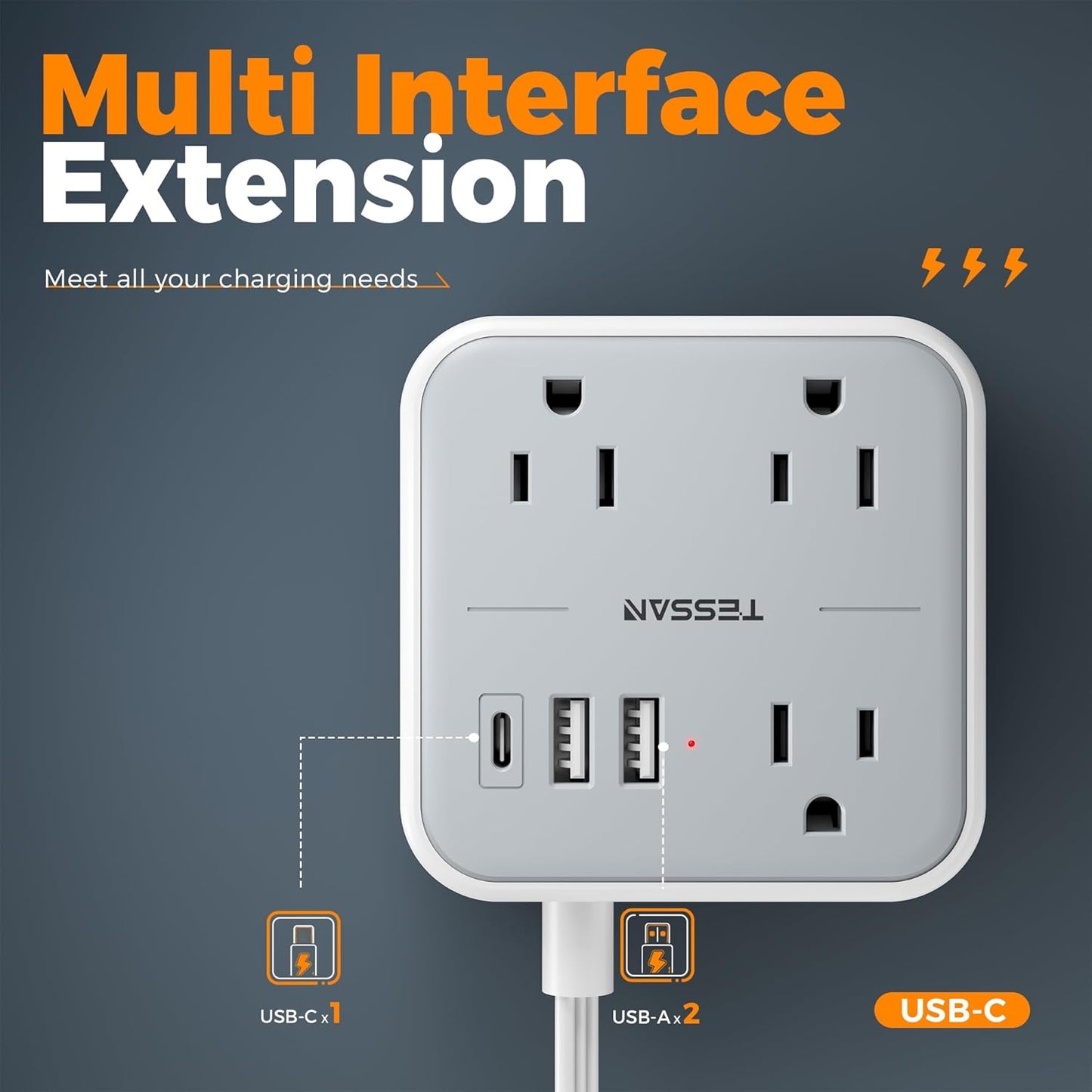 TESSAN Ultra Thin Flat Extension Cord 5 FT, Slim Power Strip with USB Ports (1 USB C), Surge Protector Flat Plug Wall Charger with 3 Outlets for Office, School, Dorm Room Essentials