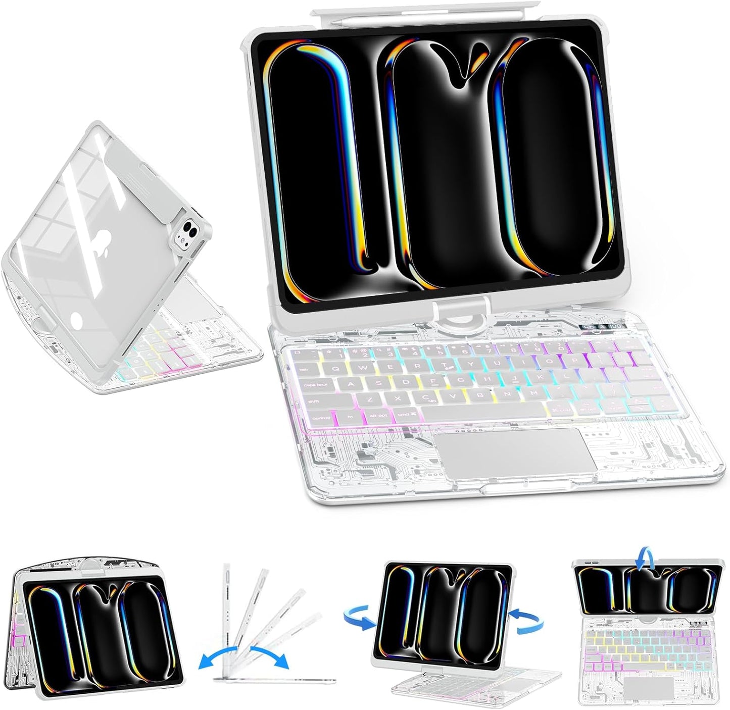 SIBEITU Keyboard Case for iPad Pro 11 Inch (M5 2025 / M4 2024), 360 Rotatable iPad Pro 11 Clear Cover with Multi-Touch Trackpad, 7-Color Backlight & 3 Brightness, High-Tech Visible PCB Design, White