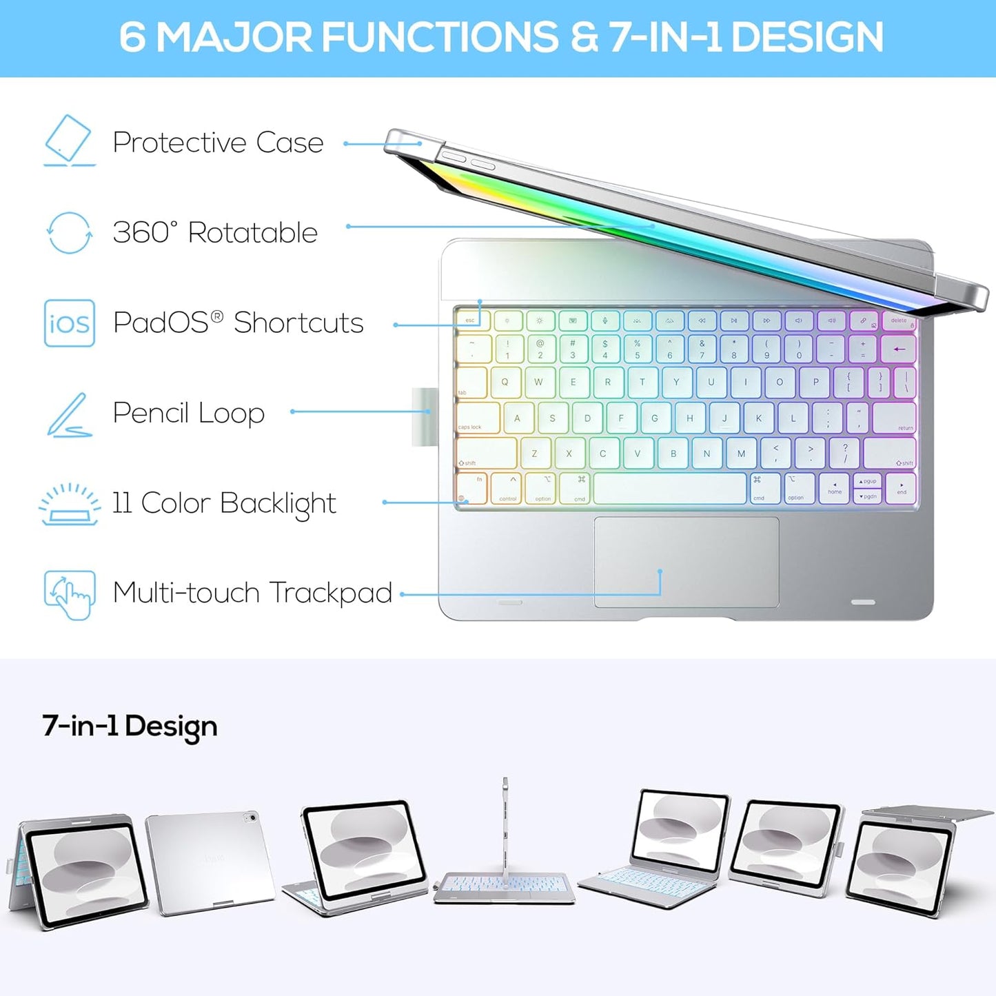 typecase Touch iPad 10th Generation Case with Keyboard (10.9", 2022) and iPad A16 (11th Gen, 2025) – 360° Rotatable, 11-Color Backlit, Multi-Touch Trackpad, Thin & Light (Silver)