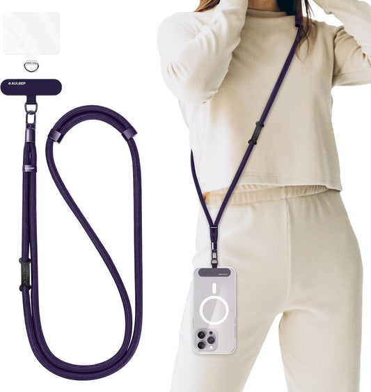 AULEEP Universal Phone Lanyard Corssbody, Anti-theft Phone Strap for Women and Men, Adjustable Cell Phone Neck Lanyard for all iPhone and Smartphone, with 2 Phone Tethers (Metal & Plastic), Purple