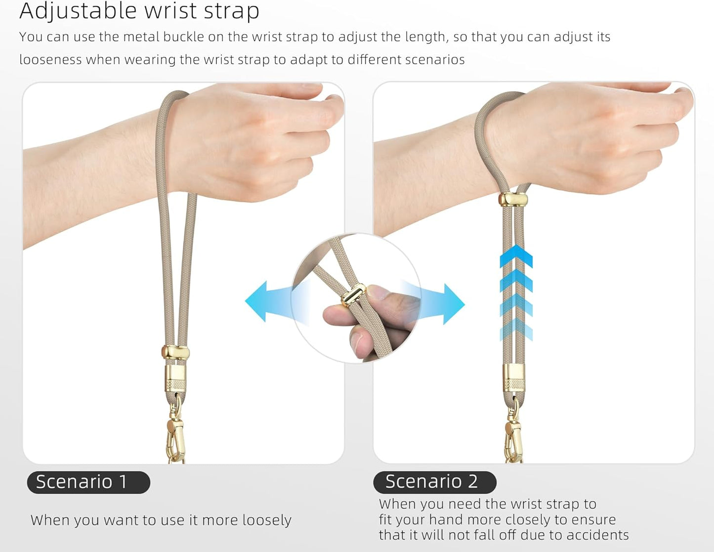 Cell Phone Lanyard Adjustable Crossbody Phone Lanyard *1 Phone Wrist Strap *1 with Deluxe Gold Matal Buckle + Clear Tether Tabs *2 for Shopping Travelling Hiking(KHAKI)