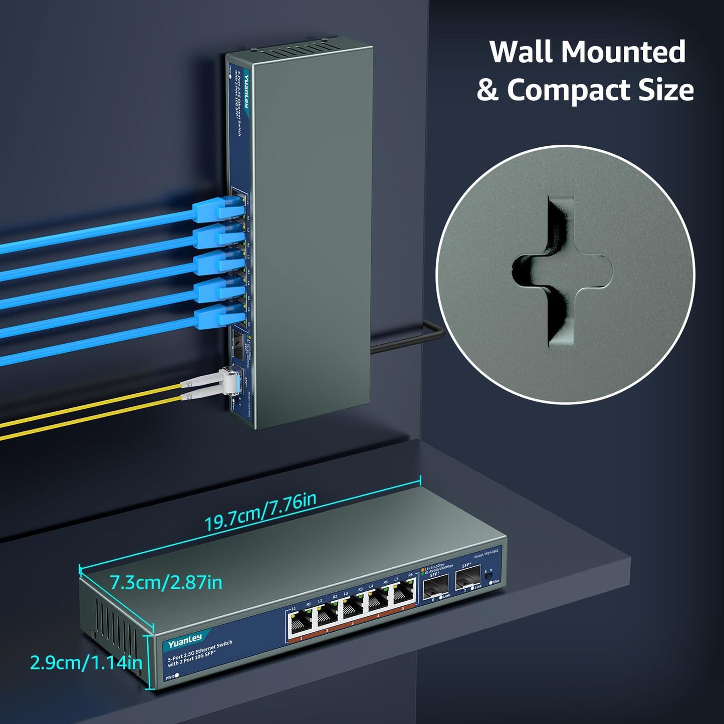 7 Port 2.5G Unmanaged Ethernet Switch, 5 x 2.5G Base-T Ports, 2 x 10G SFP, Compatible with 100/1000/2500Mbps, VLAN, Fanless, Desktop/Wall Mount YuanLey 2.5Gbe Network Switch for Wireless AP, NAS, PC