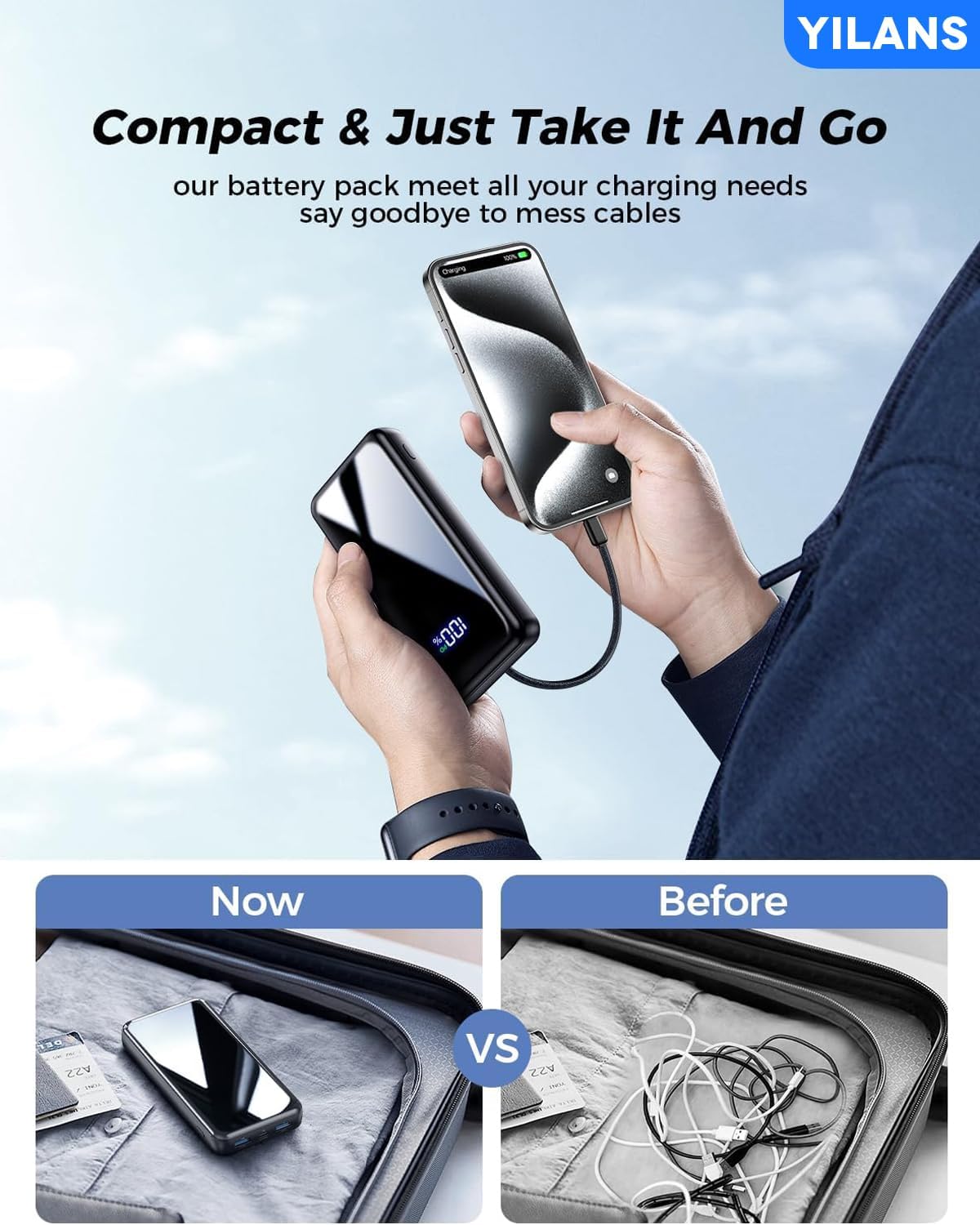 Portable Charger,42800mAh Power Bank Built-in Cable,22.5W PD USB C in & Out Fast Charging, External Battery Pack 6 Output & 2 Input, Travel Phone Charger for iPhone 16/15/14/13/12, Android (Black)