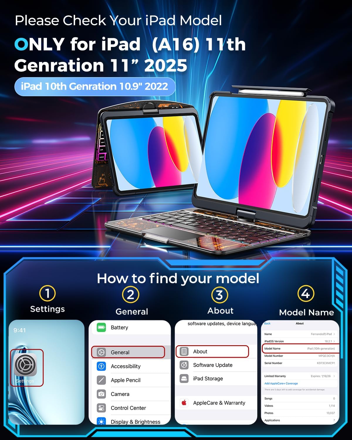 TSQQST Clear Wireless Keyboard Case for iPad (A16) 11th Generation 11-inch 2025/ iPad 10th Generation 10.9-inch 2022 with Pencil Holder & Multi-Touch Trackpad, 7-Color Backlight, 360 Rotatable, Black