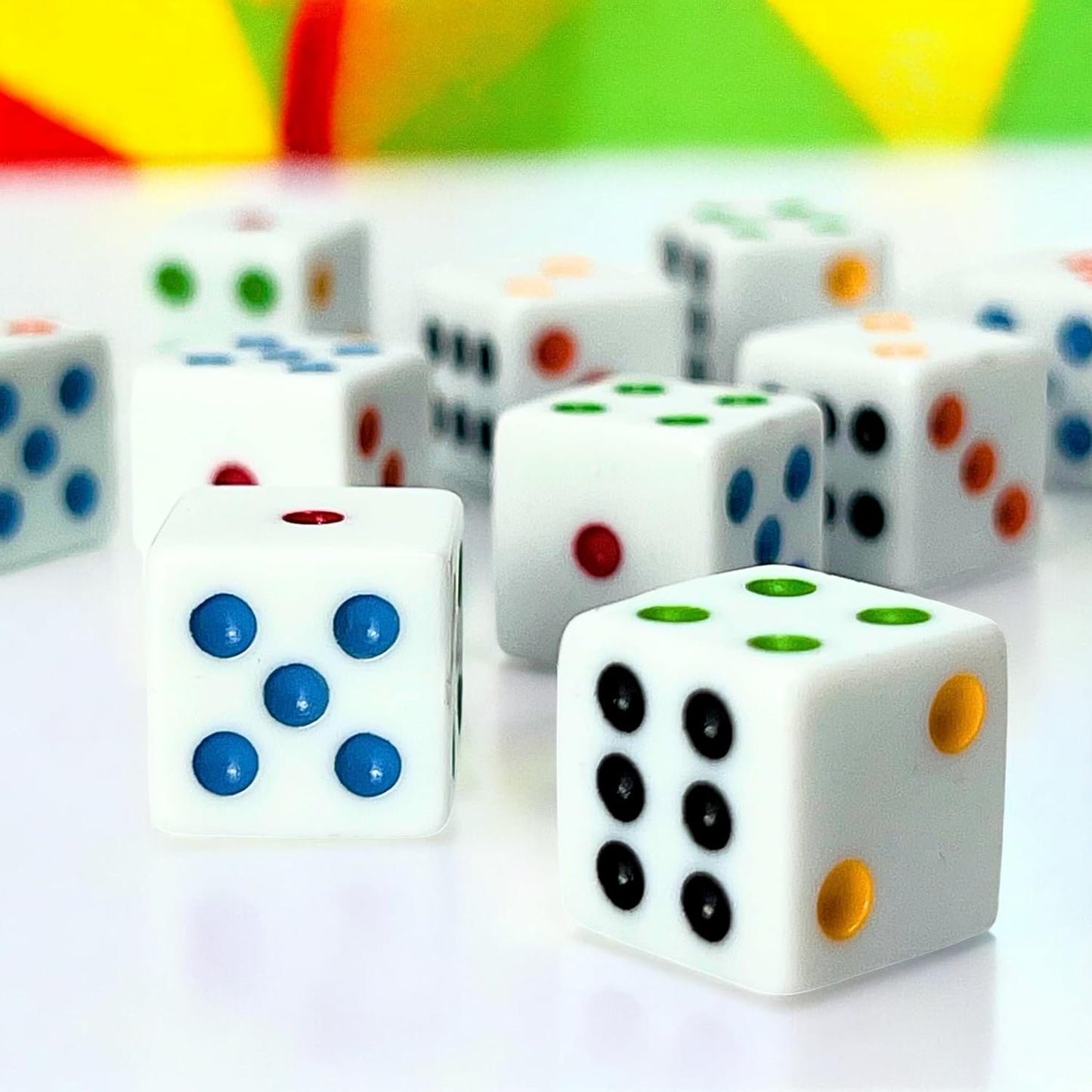 Luck Lab 10 Piece D6 Multicolor Pip Dice Pack - Acrylic 16mm Square Edge Standard Dice for RPG MTG DND Table Games and Board Games, Storage Bag Included (White Multicolor)