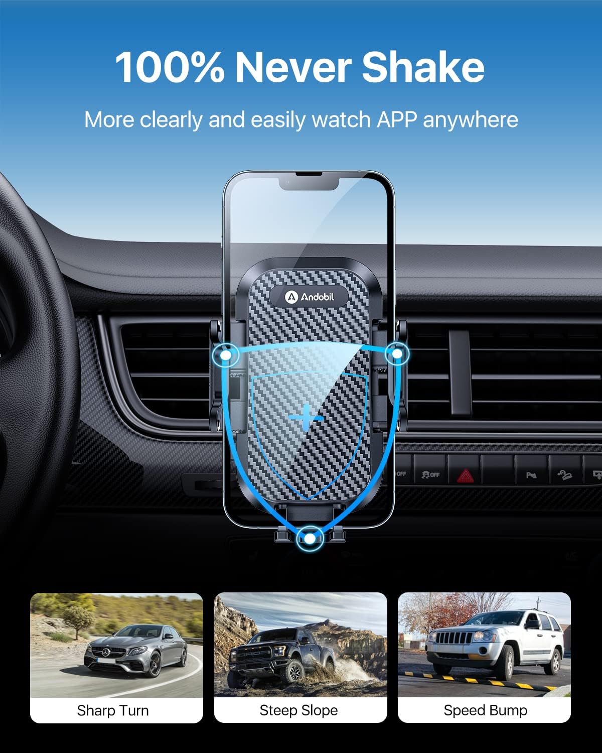 andobil Phone Holders for Your Car - Air Vent Phone Mount, Ultra-Stable Metal Clip with Anti-Shake & 360° Rotation, Universal Car Mount Fit iPhone 16/15/14/13/12 Pro Max/Android/Samsung Galaxy