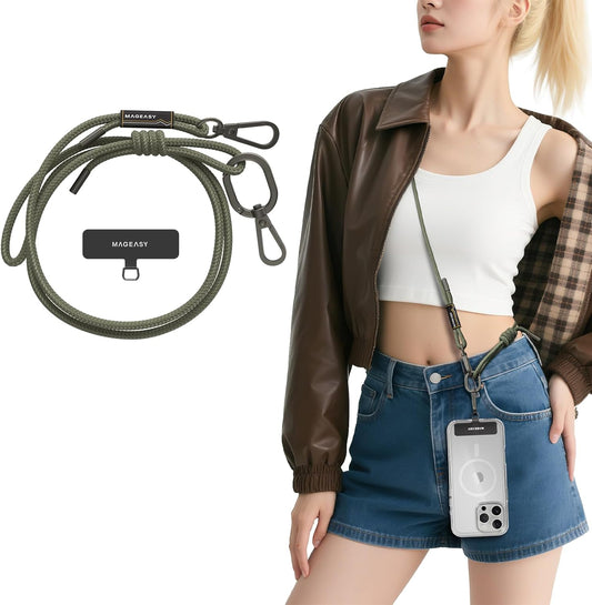MAGEASY Universal Cell Phone Lanyard - Anti-Theft Rope Crossbody Phone Strap for iPhone 16 Pro Max & Most Smartphones, for Men & Women | 6mm Army Green