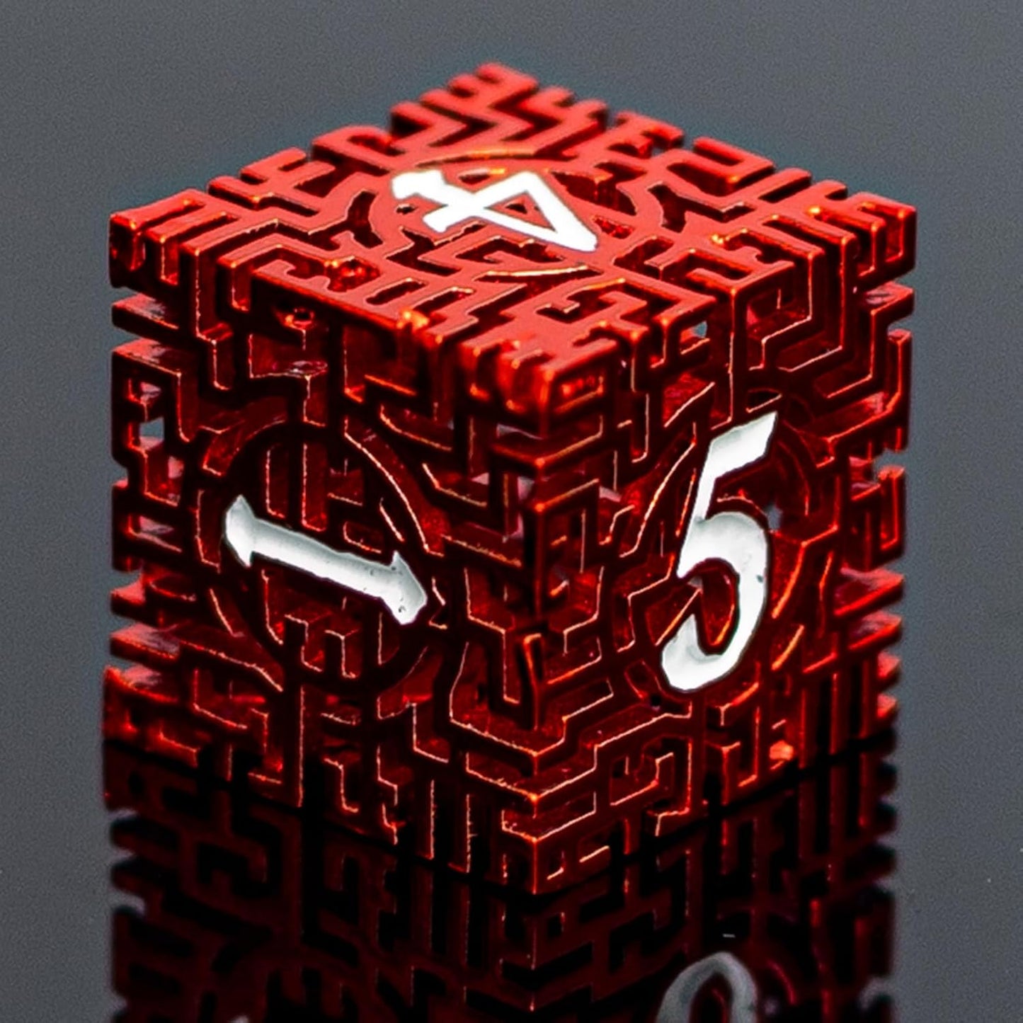 Red Metal Hollow DND Dice Set (Barbarian) Metallic Luster Maze Design with Storage Box - Balanced Weight 7 Piece Zinc Alloy, Designed for Dungeons and Dragons DM and Player RPG Accessories