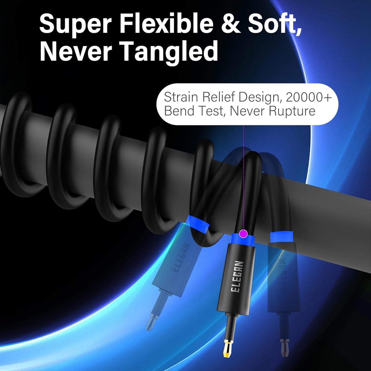 Elecan Mini Toslink to Toslink Digital Optical S/PDIF Audio Cable 4 Ft, Gold Plated Soft Flexible Fiber Optic Cable,Signal Protection PVC,Surround Sound for Soundbar,Home Theater,Hi-Fi System+Ties MI