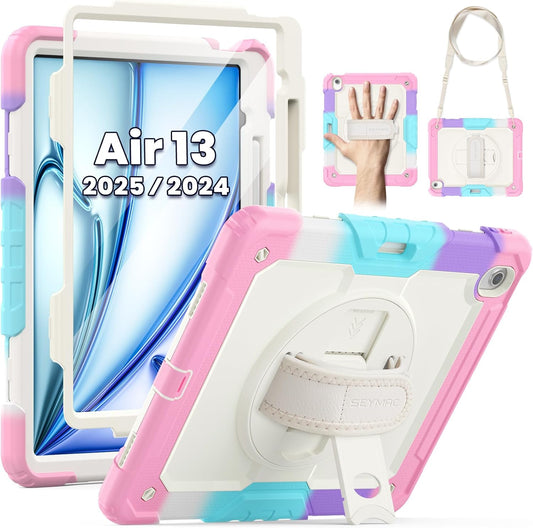 SEYMAC for iPad Air 13 Inch Case M3 2025/ M2 2024, Heavy Duty Shockproof Protective Case with Screen Protector, Rotating Stand, Hand/Shoulder Strap and Pen Holder for iPad Air 13, Colorful Pink