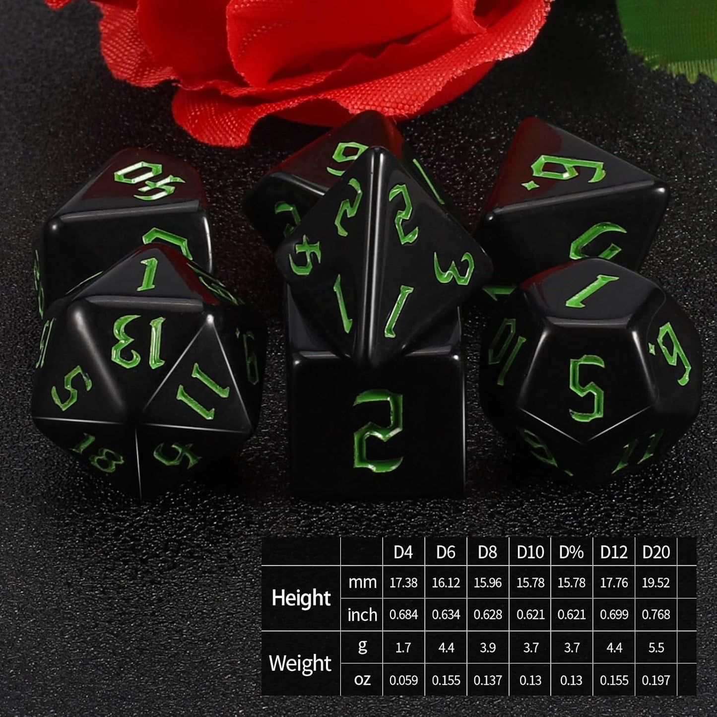QMAY DND Dice Set -D&D Polyhedral Dice (7 Pcs) for Dungeons and Dragons (Pure Black)