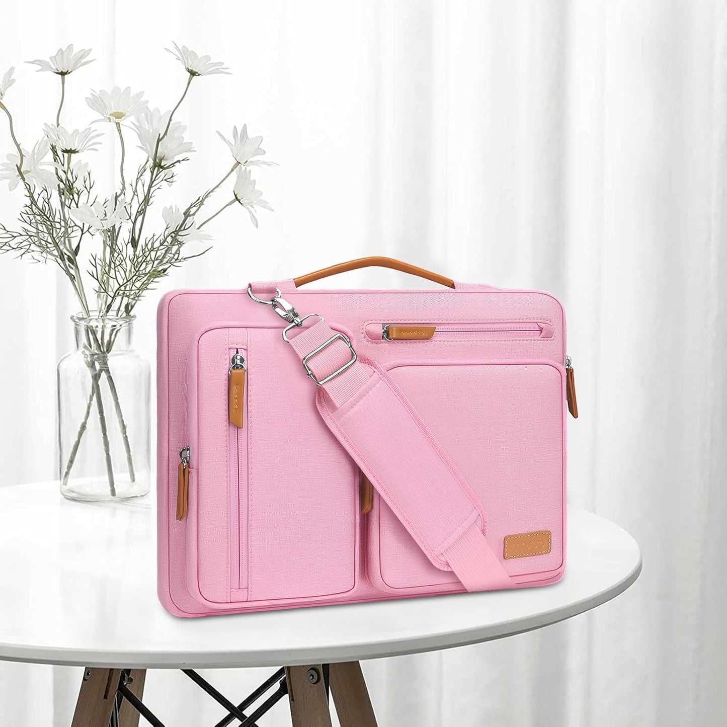 MOSISO 360 Protective Laptop Shoulder Bag,15-15.6 inch Computer Bags Compatible with MacBook Pro 16 inch, HP, Dell, Lenovo, Asus Notebook,Side Open Messenger Bag with 4 Zipper Pockets, Pink